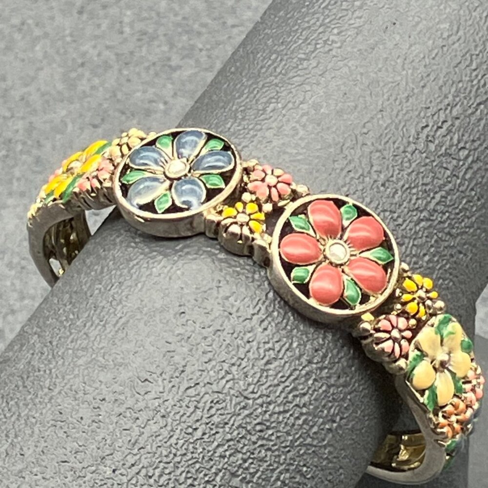 Floral Hinged Cuff Bracelet Colorful Enamel Barbie Retro Vintage Cottage Flower